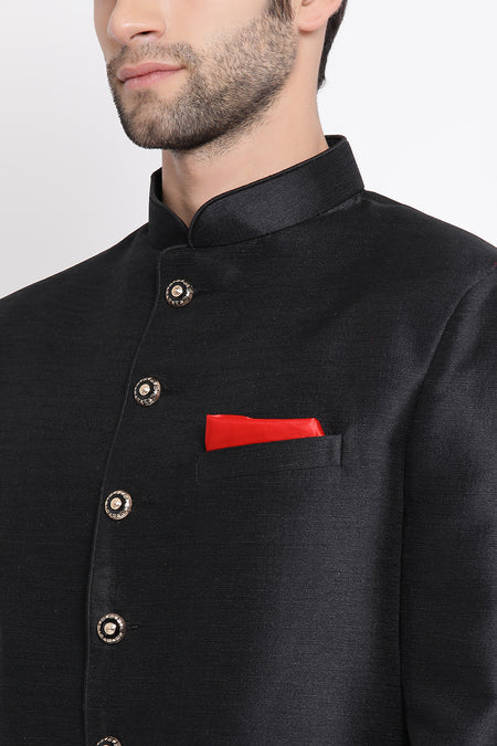 VASTRAMAY Black Silk Blend Solid Baap Beta Jodhpuri Set